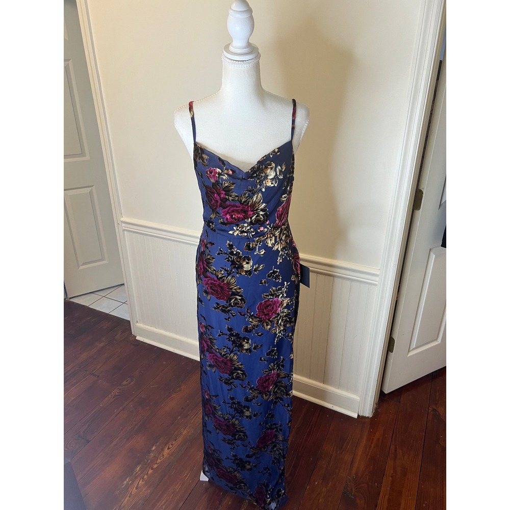 Lulus Navy Blue Floral Burnout Velvet Cowl Neck Maxi Dress Slit NWT Size S - Picture 7 of 14
